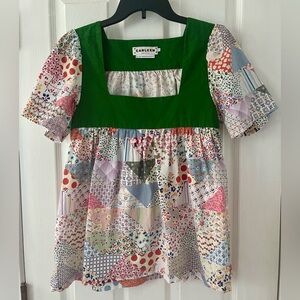 Anthropologie Carleen Patchwork Babydoll Top with Green Yoke